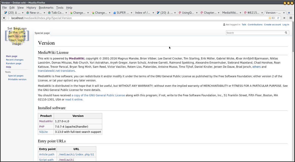 Screenshot of MediaWiki's Special:Version showing 1.27 LTS on PHP 7 on Debian
