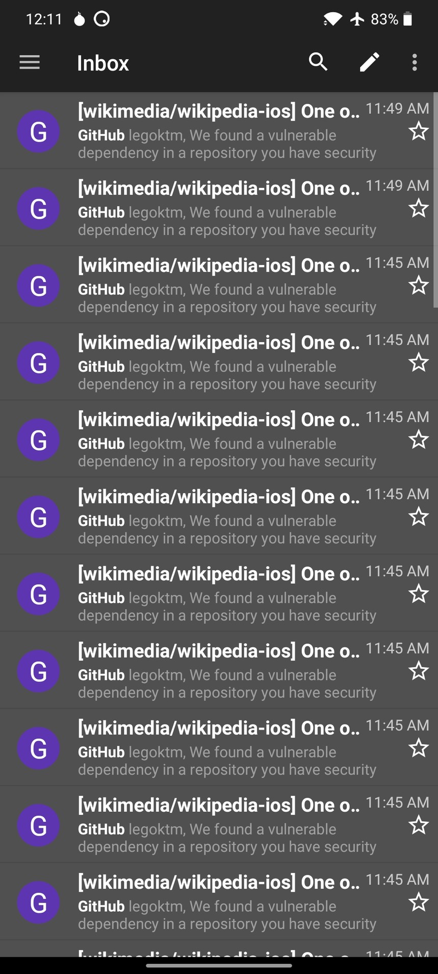 Screenshot of my inbox being full of GitHub security alerts