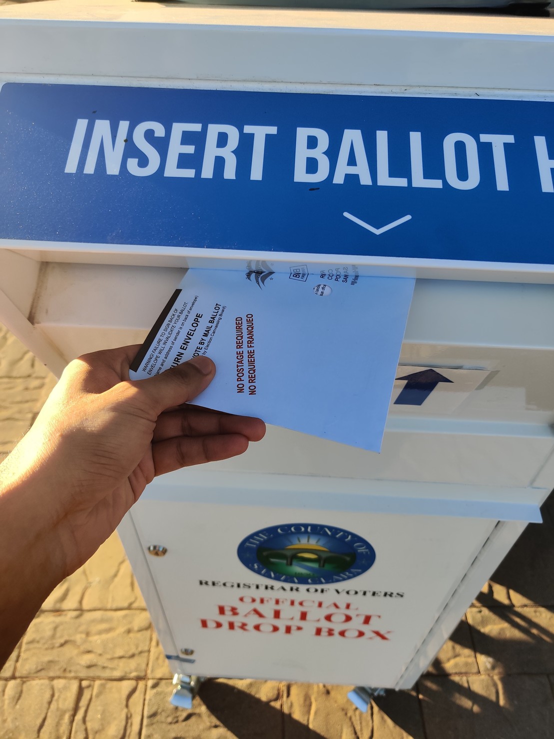 Me depositing my vote by mail ballot into an official Santa Clara County ballot drop box 