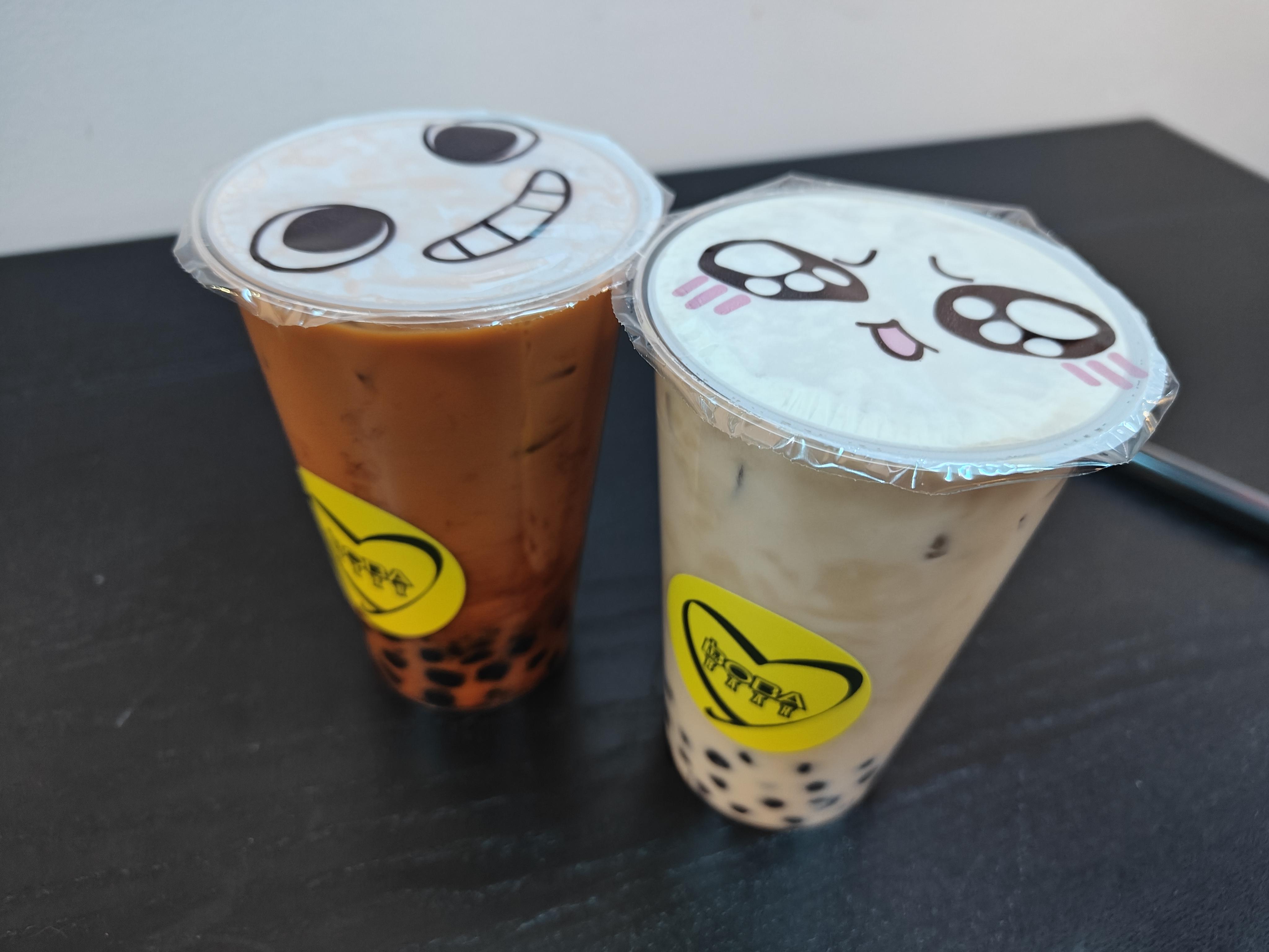 Two boba drinks.