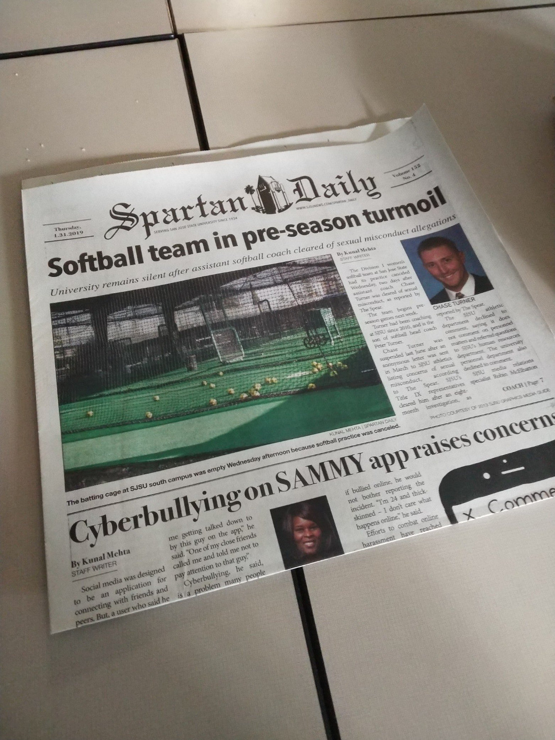 Picture of the front page of SJSU's Spartan Daily newspaper. The first headline reads "Softball team in pre-season turmoil" and the second says "Cyberbullying on SAMMY app raises concerns". Both have my name in the byline.