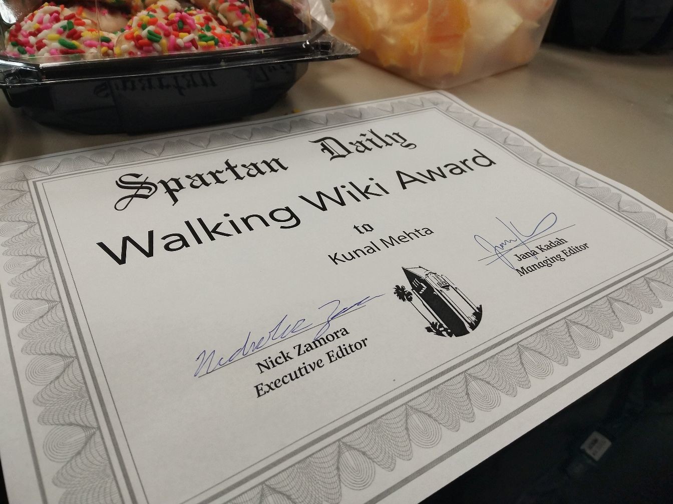 My Spartan Daily award titled "Walking Wiki Award"