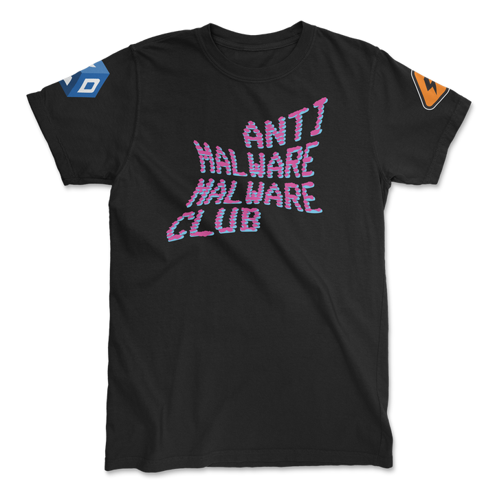 Black t-shirt with the text anti-malware malware club and the SecureDrop and Dangerzone logos on the sleeves